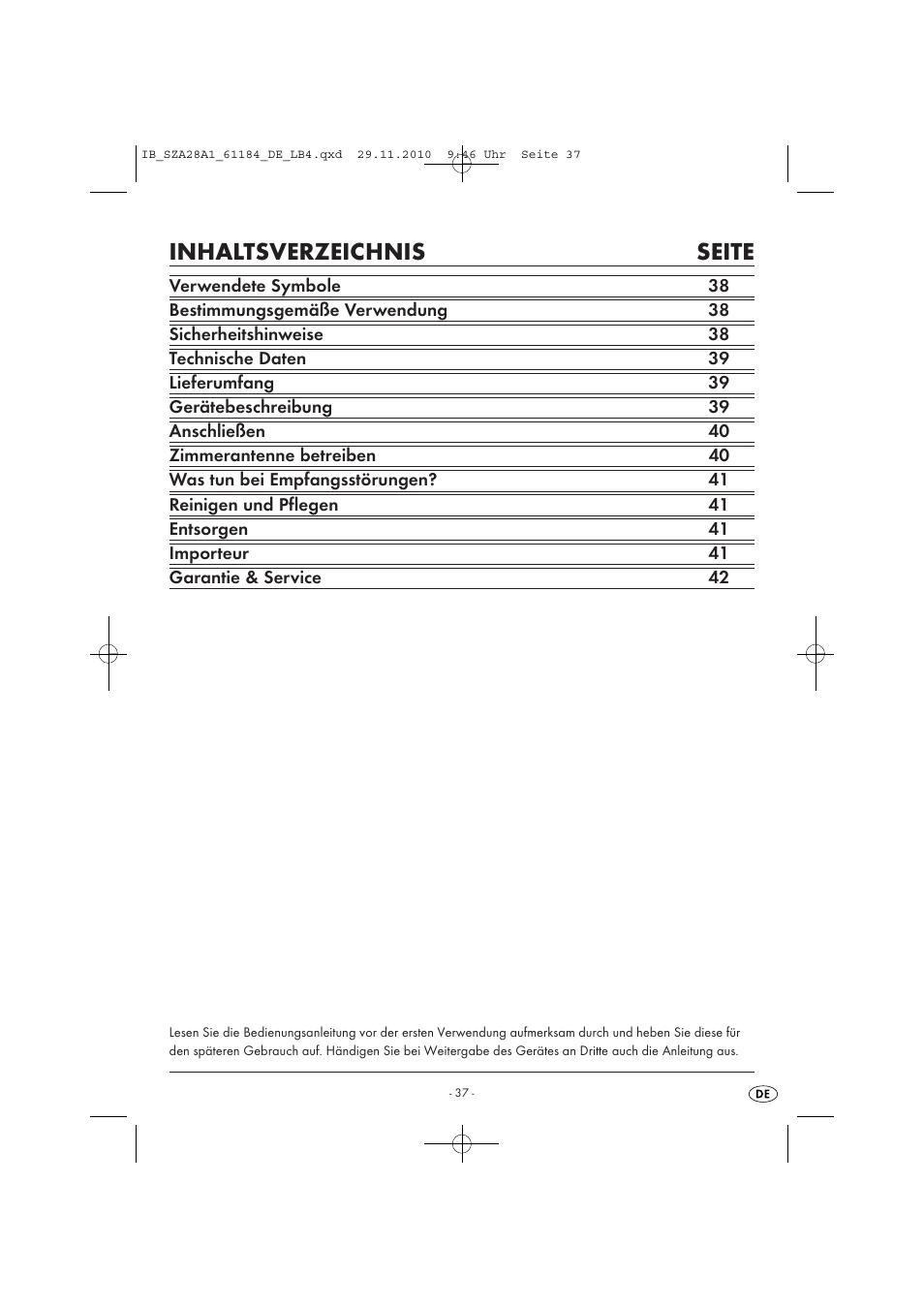 Inhaltsverzeichnis seite | Silvercrest SZA 28 A1 User Manual | Page 39 / 44
