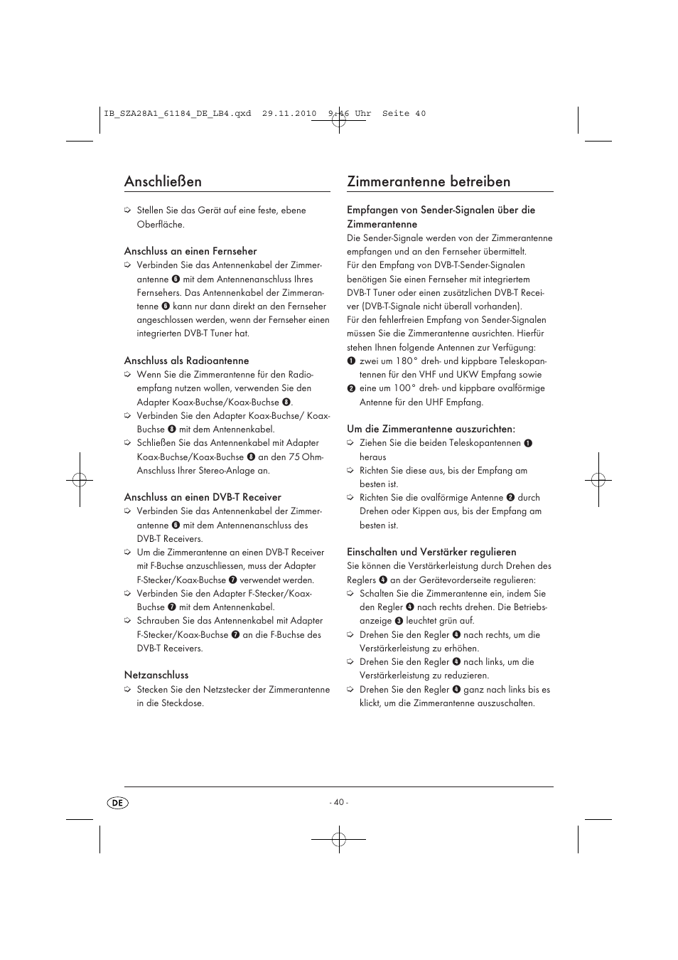 Anschließen, Zimmerantenne betreiben | Silvercrest SZA 28 A1 User Manual | Page 42 / 44