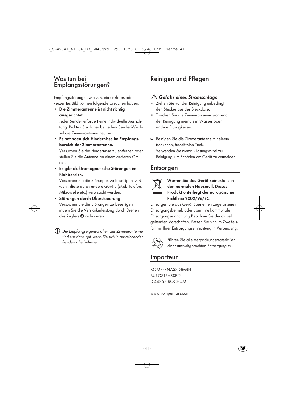 Was tun bei empfangsstörungen, Reinigen und pflegen, Entsorgen | Importeur | Silvercrest SZA 28 A1 User Manual | Page 43 / 44