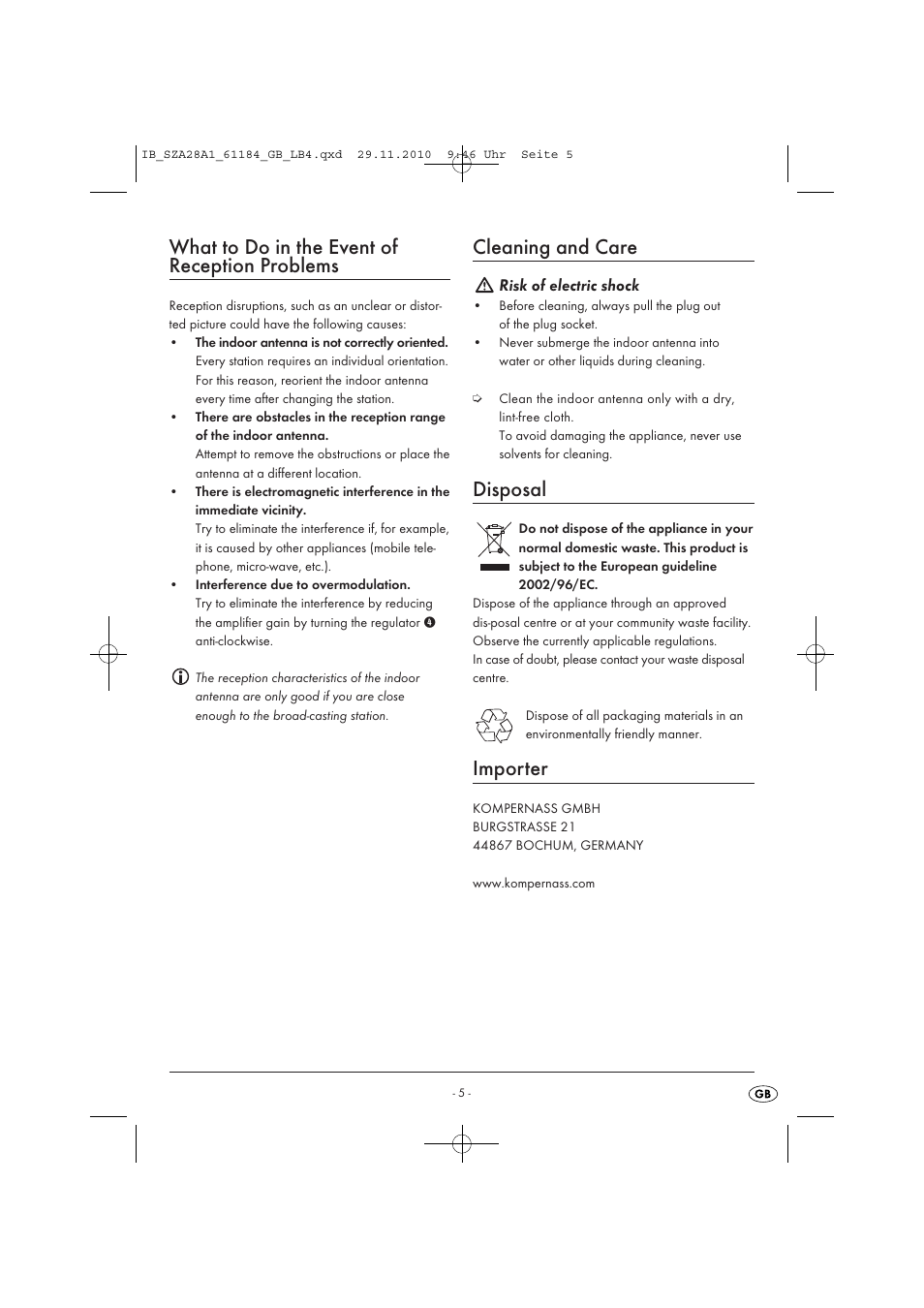 What to do in the event of reception problems, Cleaning and care, Disposal | Importer | Silvercrest SZA 28 A1 User Manual | Page 7 / 44
