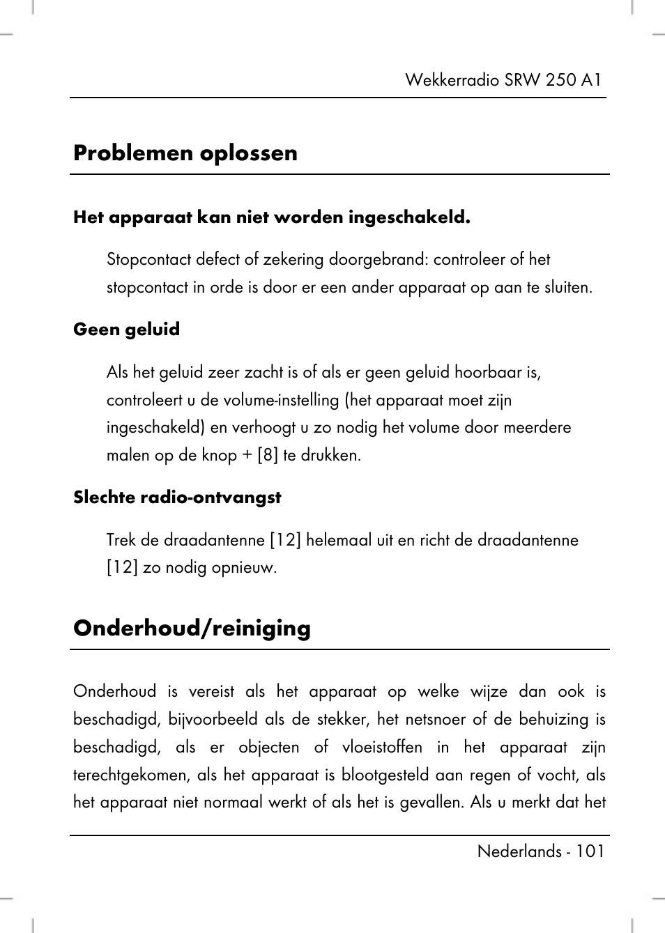 Problemen oplossen, Onderhoud/reiniging | Silvercrest SRW 250 A1 User Manual | Page 103 / 134
