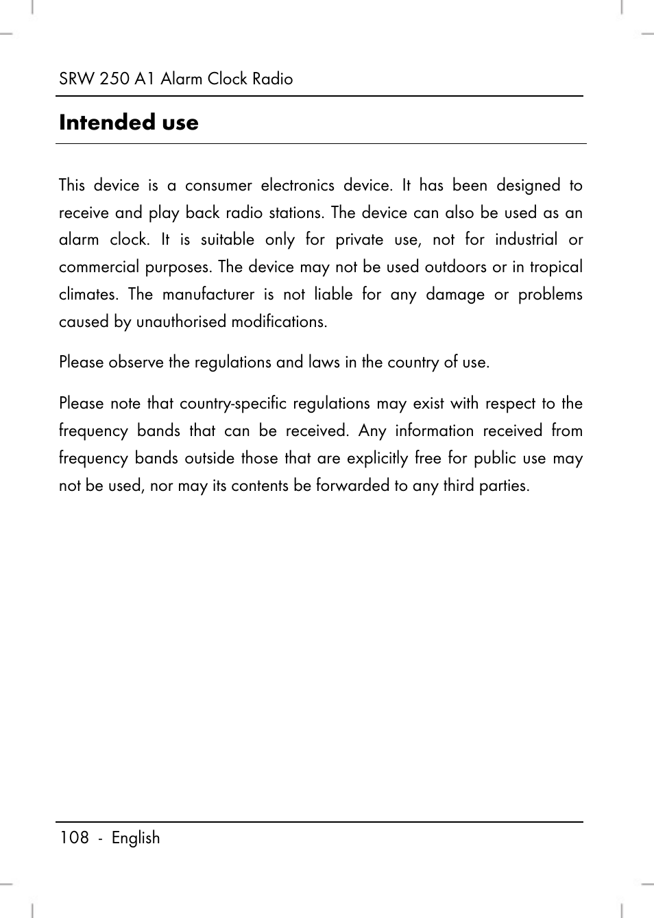 Intended use | Silvercrest SRW 250 A1 User Manual | Page 110 / 134