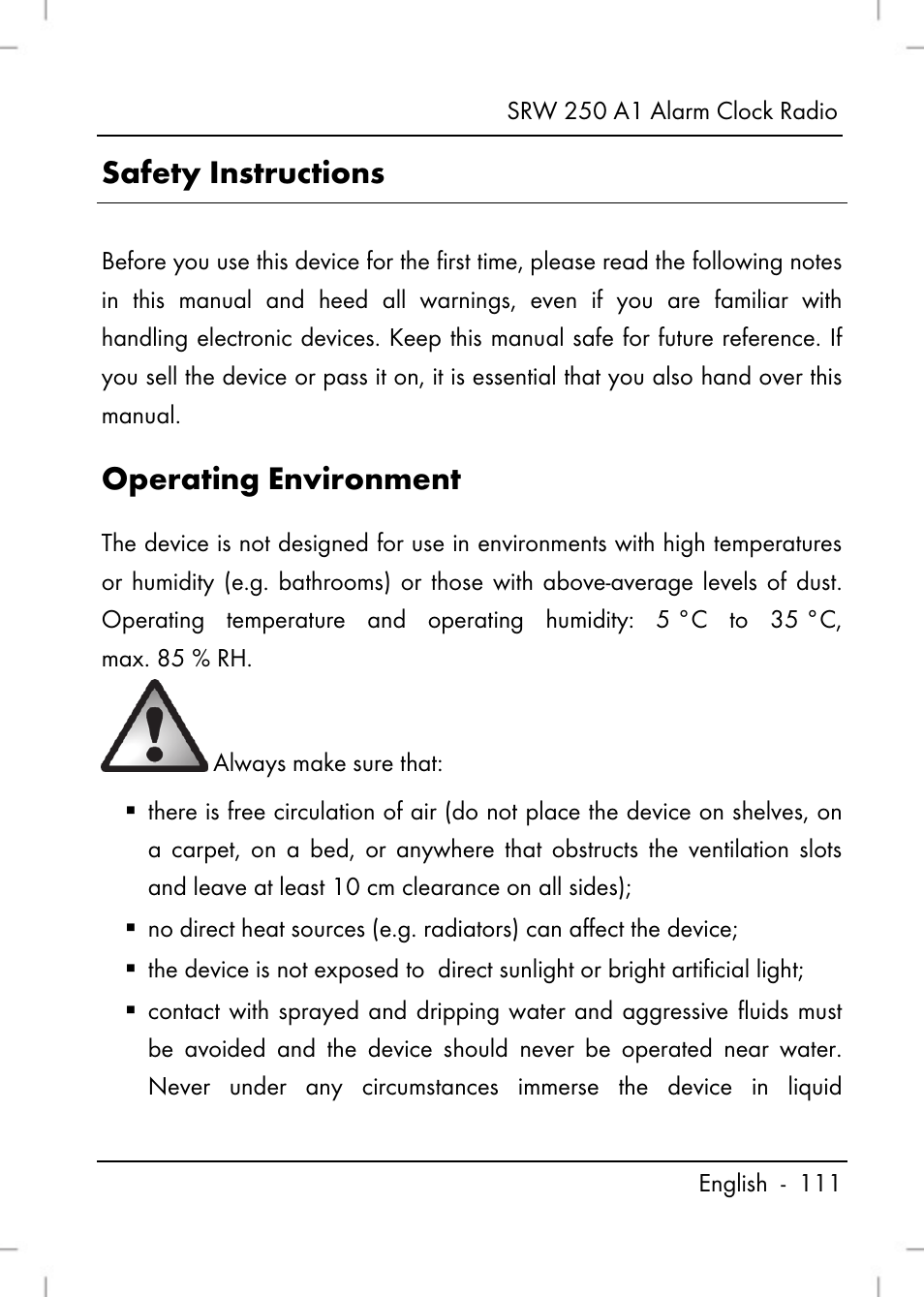 Safety instructions, Operating environment | Silvercrest SRW 250 A1 User Manual | Page 113 / 134