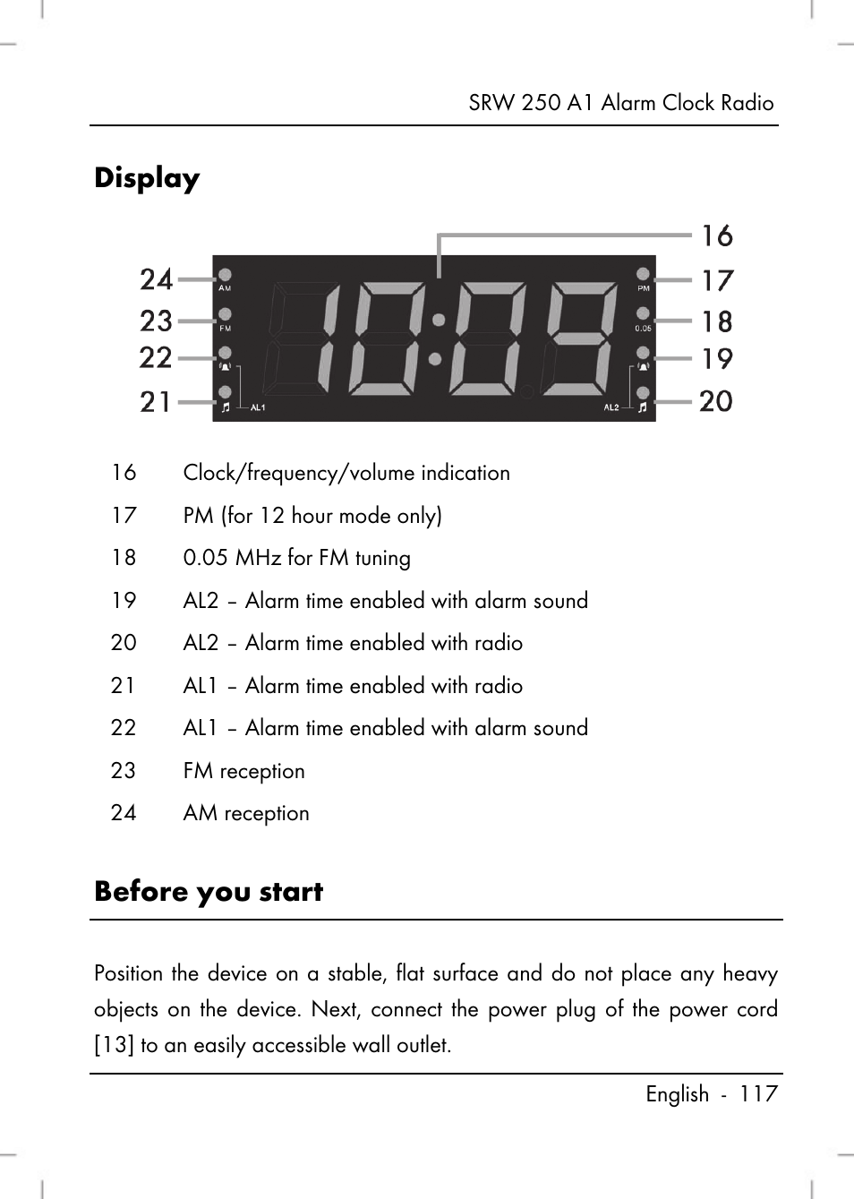 Display, Before you start | Silvercrest SRW 250 A1 User Manual | Page 119 / 134