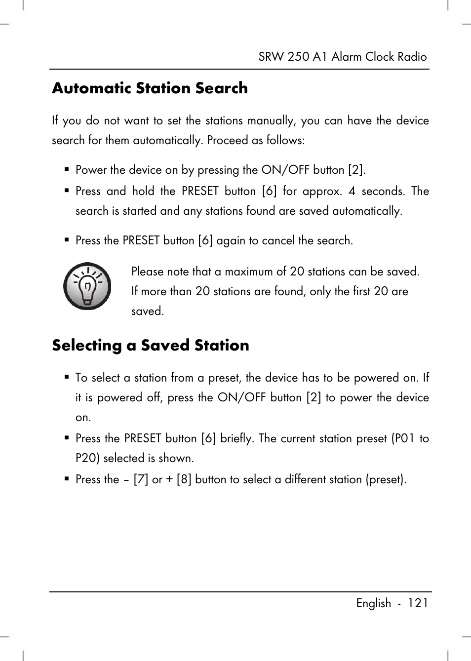 Automatic station search, Selecting a saved station | Silvercrest SRW 250 A1 User Manual | Page 123 / 134