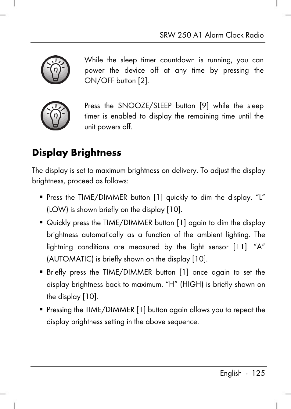 Display brightness | Silvercrest SRW 250 A1 User Manual | Page 127 / 134