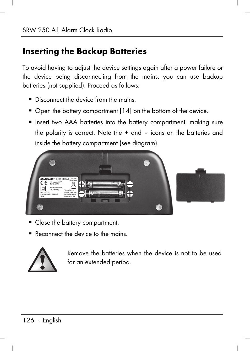 Inserting the backup batteries | Silvercrest SRW 250 A1 User Manual | Page 128 / 134