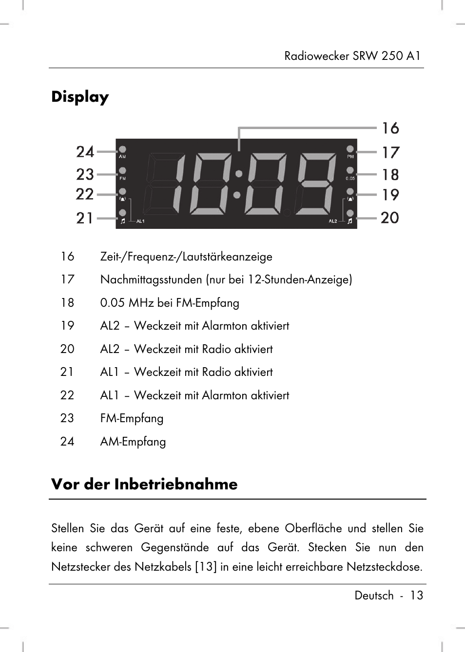 Display, Vor der inbetriebnahme | Silvercrest SRW 250 A1 User Manual | Page 15 / 134