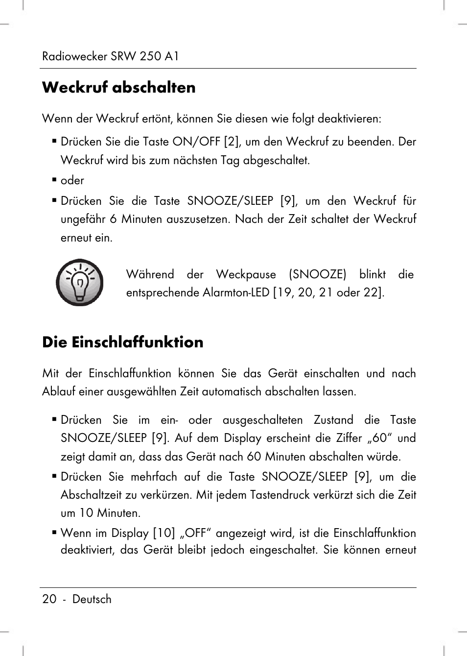 Weckruf abschalten, Die einschlaffunktion | Silvercrest SRW 250 A1 User Manual | Page 22 / 134