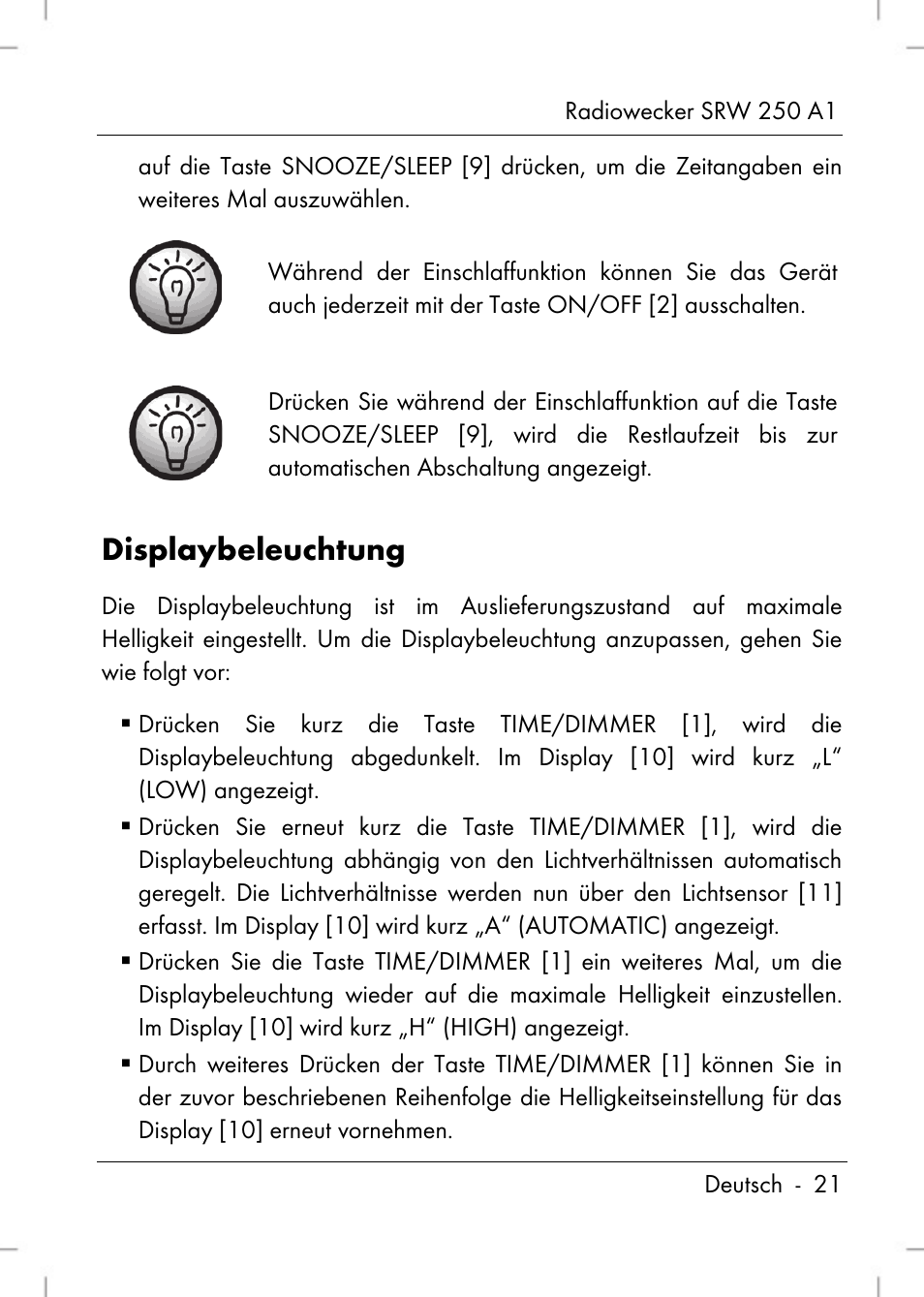 Displaybeleuchtung | Silvercrest SRW 250 A1 User Manual | Page 23 / 134