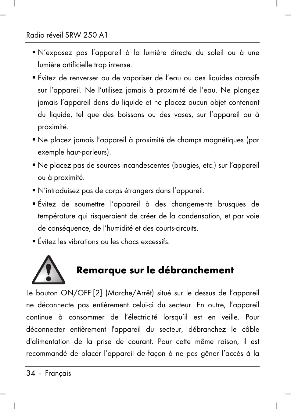 Remarque sur le débranchement | Silvercrest SRW 250 A1 User Manual | Page 36 / 134