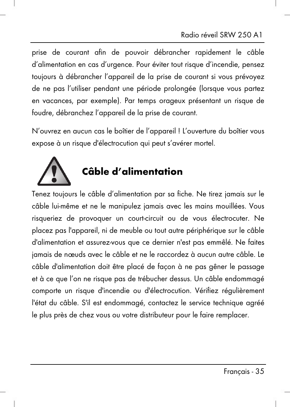 Câble d’alimentation | Silvercrest SRW 250 A1 User Manual | Page 37 / 134