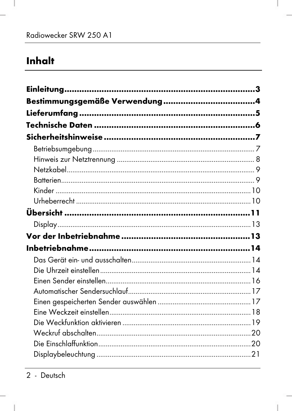 Inhalt | Silvercrest SRW 250 A1 User Manual | Page 4 / 134