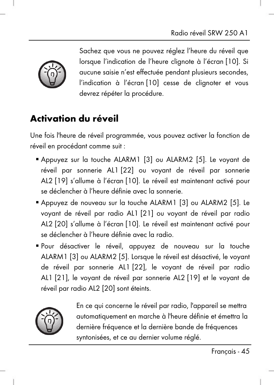 Activation du réveil | Silvercrest SRW 250 A1 User Manual | Page 47 / 134