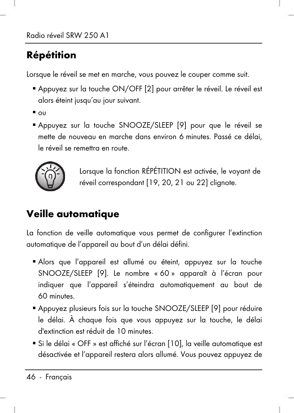 Répétition, Veille automatique | Silvercrest SRW 250 A1 User Manual | Page 48 / 134