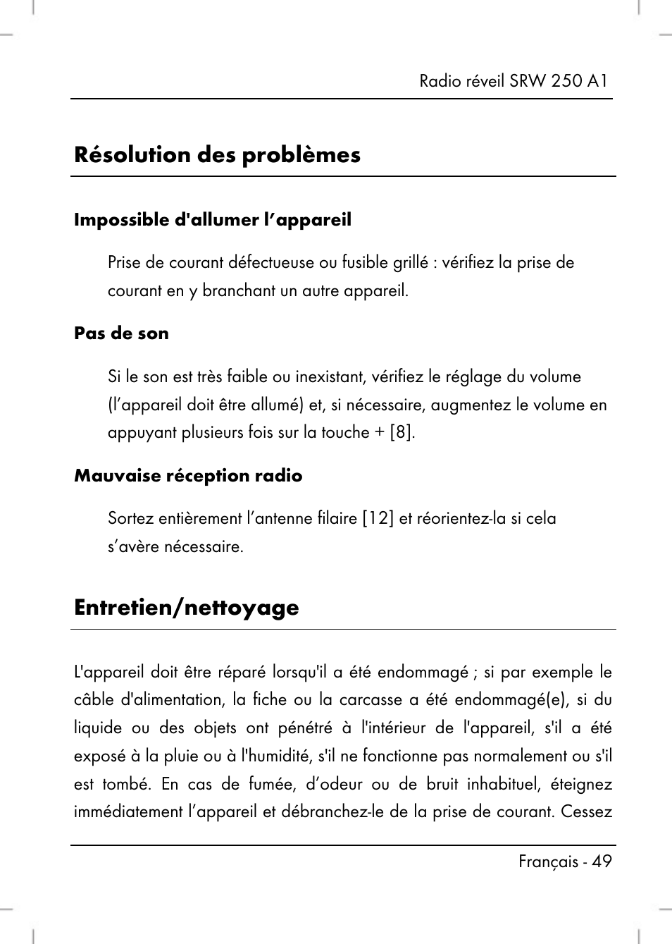 Résolution des problèmes, Entretien/nettoyage | Silvercrest SRW 250 A1 User Manual | Page 51 / 134