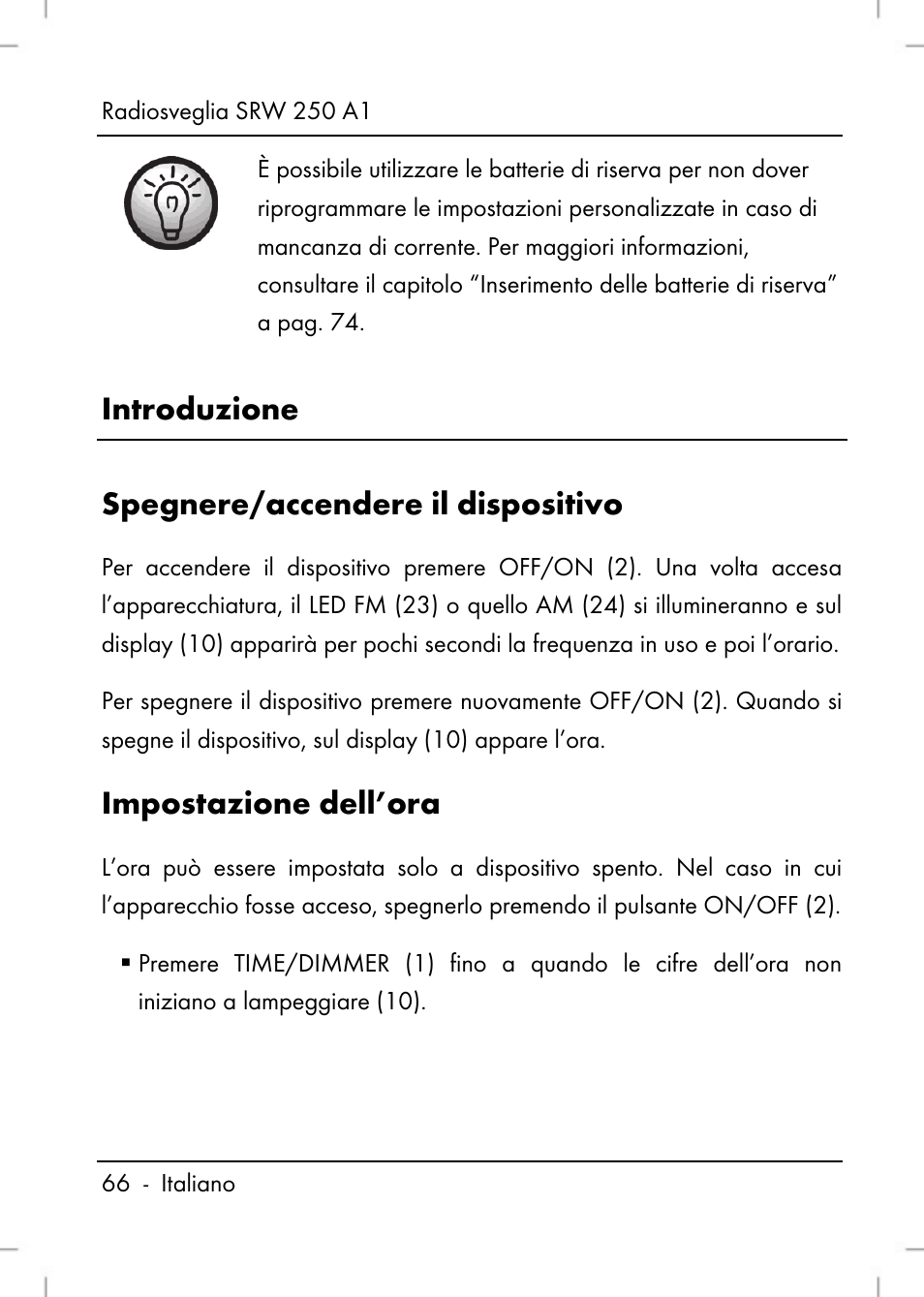 Introduzione, Spegnere/accendere il dispositivo, Impostazione dell’ora | Silvercrest SRW 250 A1 User Manual | Page 68 / 134
