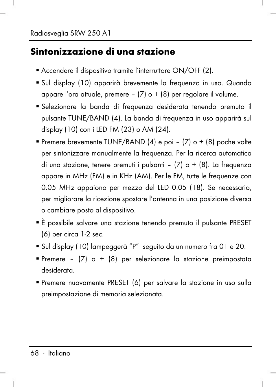 Sintonizzazione di una stazione | Silvercrest SRW 250 A1 User Manual | Page 70 / 134