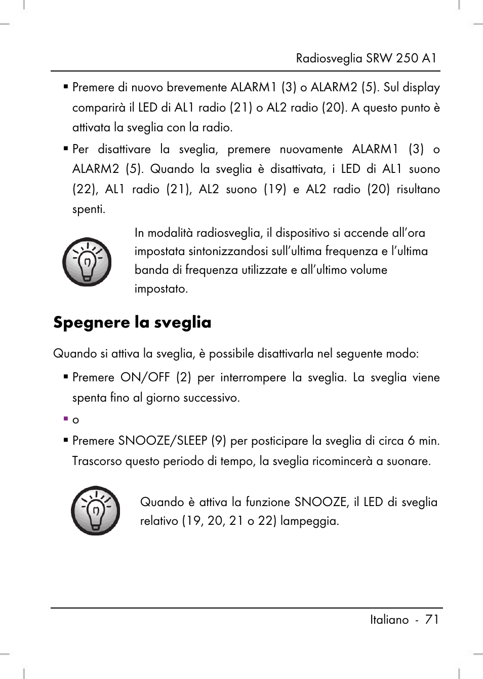 Spegnere la sveglia | Silvercrest SRW 250 A1 User Manual | Page 73 / 134
