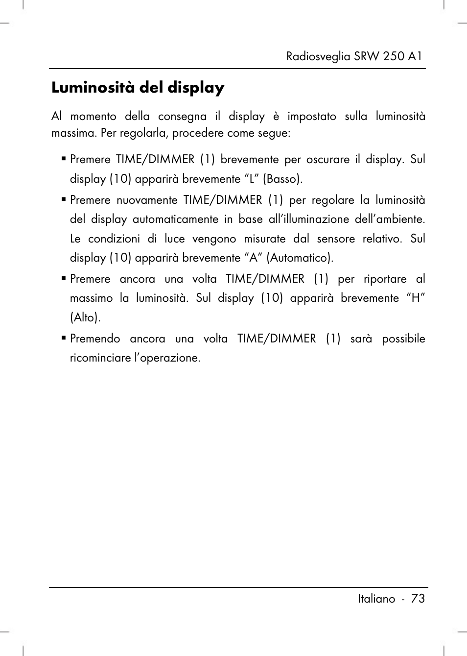 Luminosità del display | Silvercrest SRW 250 A1 User Manual | Page 75 / 134