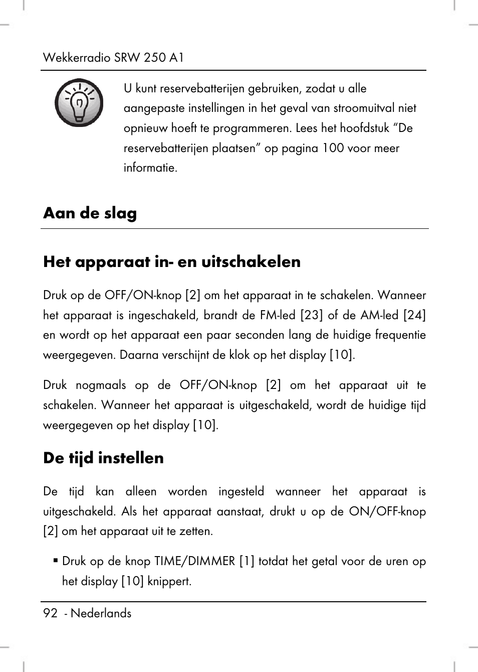 Aan de slag het apparaat in- en uitschakelen, De tijd instellen | Silvercrest SRW 250 A1 User Manual | Page 94 / 134