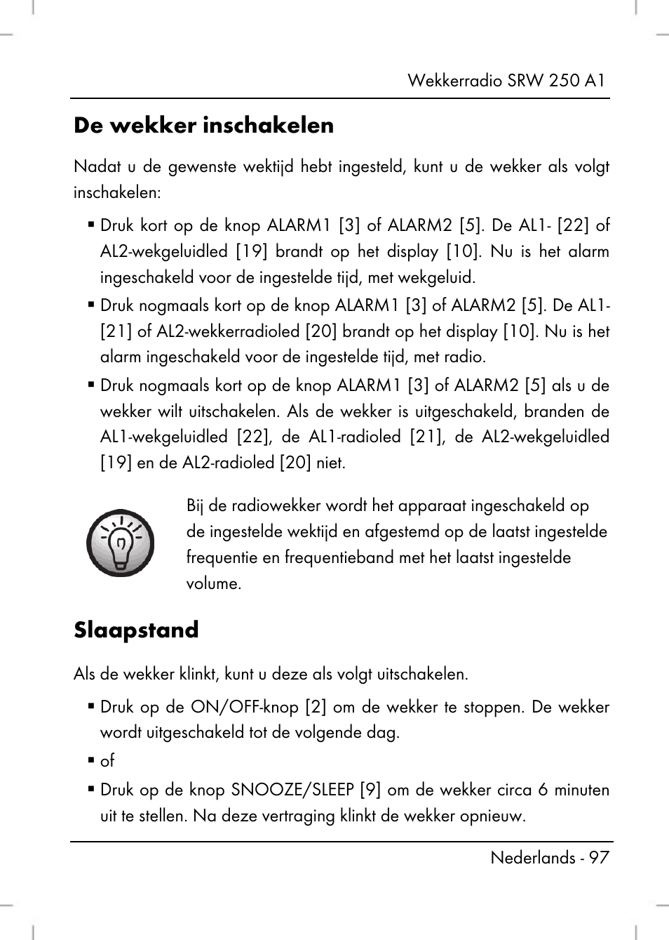 De wekker inschakelen, Slaapstand | Silvercrest SRW 250 A1 User Manual | Page 99 / 134