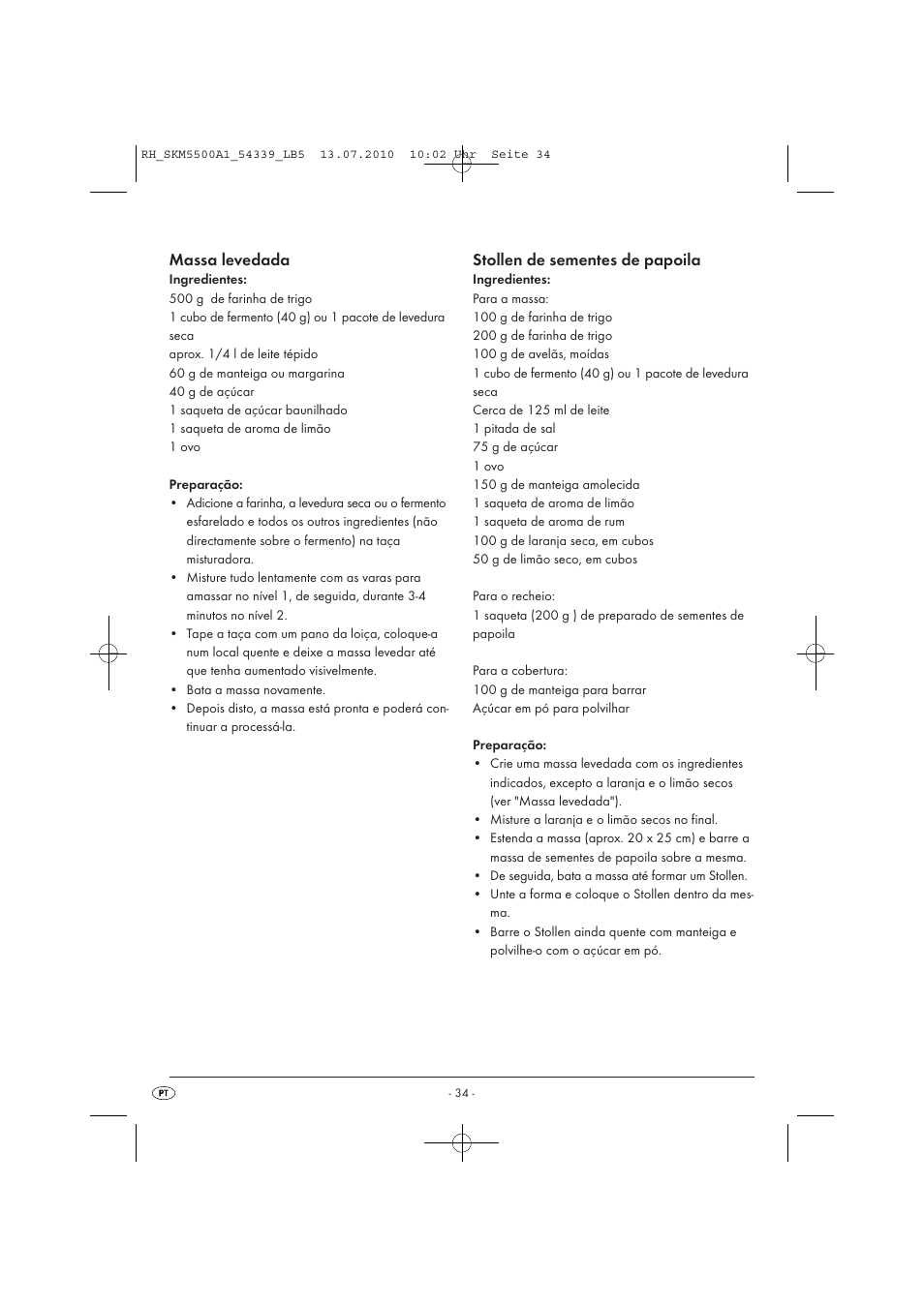 Massa levedada, Stollen de sementes de papoila | Silvercrest SKM 550 A1 User Manual | Page 35 / 60