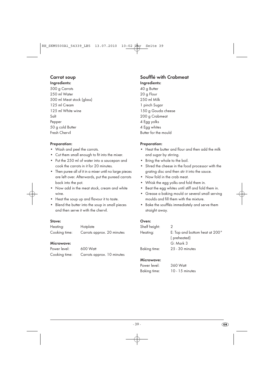 Carrot soup, Soufflé with crabmeat | Silvercrest SKM 550 A1 User Manual | Page 40 / 60