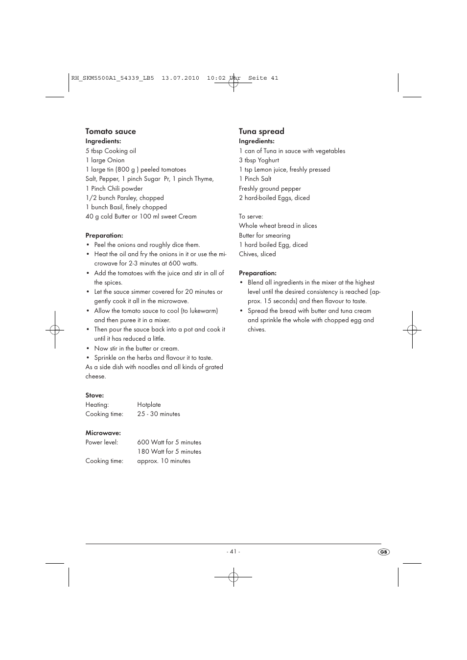 Tomato sauce, Tuna spread | Silvercrest SKM 550 A1 User Manual | Page 42 / 60