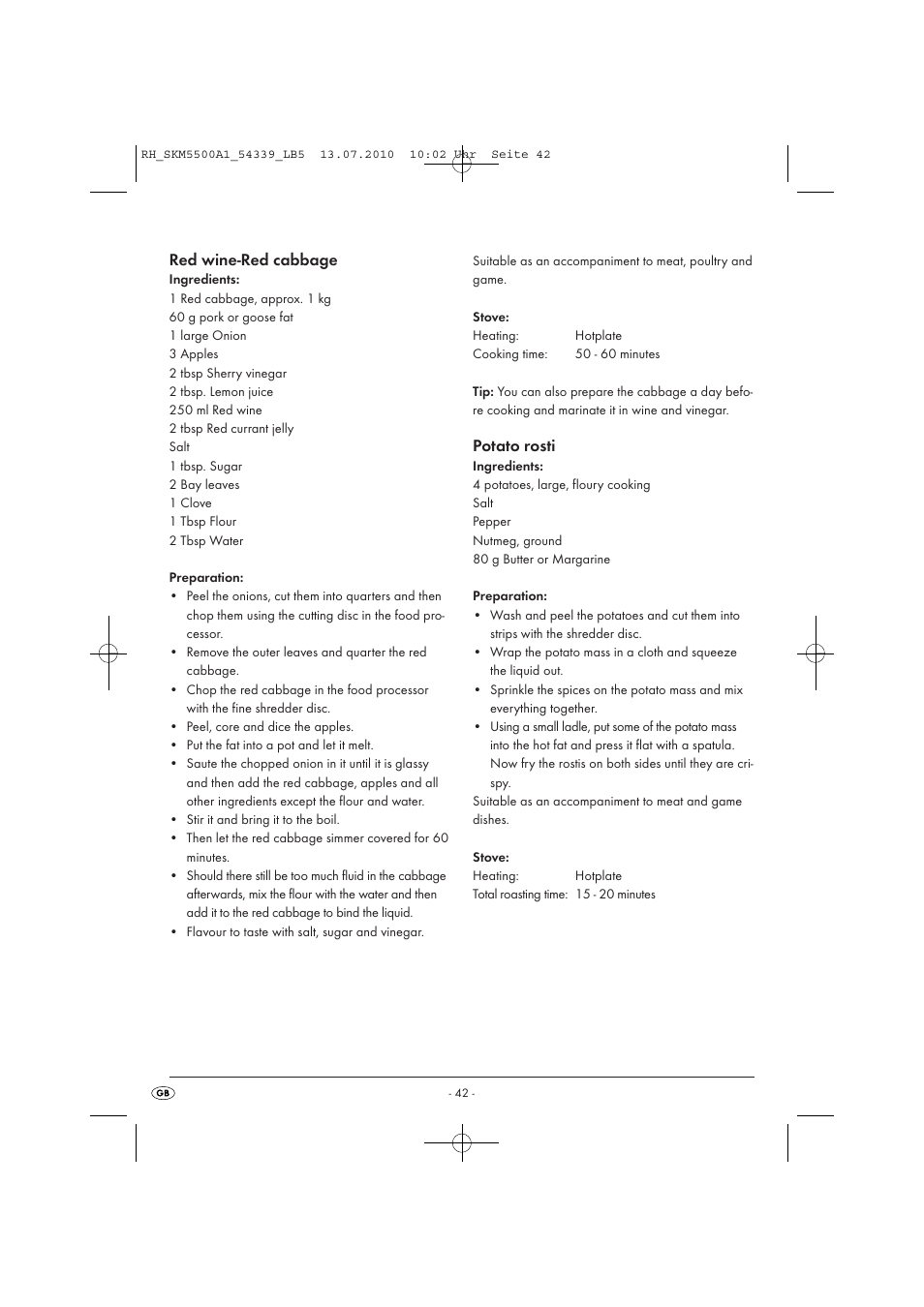 Red wine-red cabbage, Potato rosti | Silvercrest SKM 550 A1 User Manual | Page 43 / 60