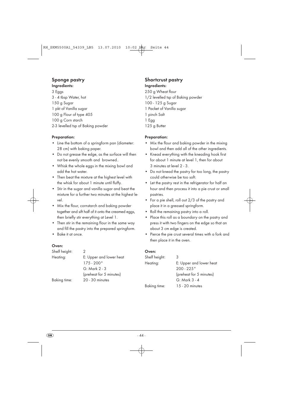 Sponge pastry, Shortcrust pastry | Silvercrest SKM 550 A1 User Manual | Page 45 / 60