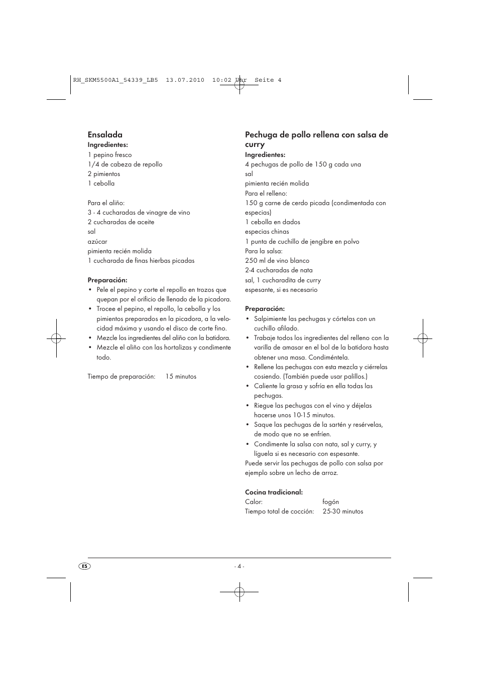 Ensalada, Pechuga de pollo rellena con salsa de curry | Silvercrest SKM 550 A1 User Manual | Page 5 / 60