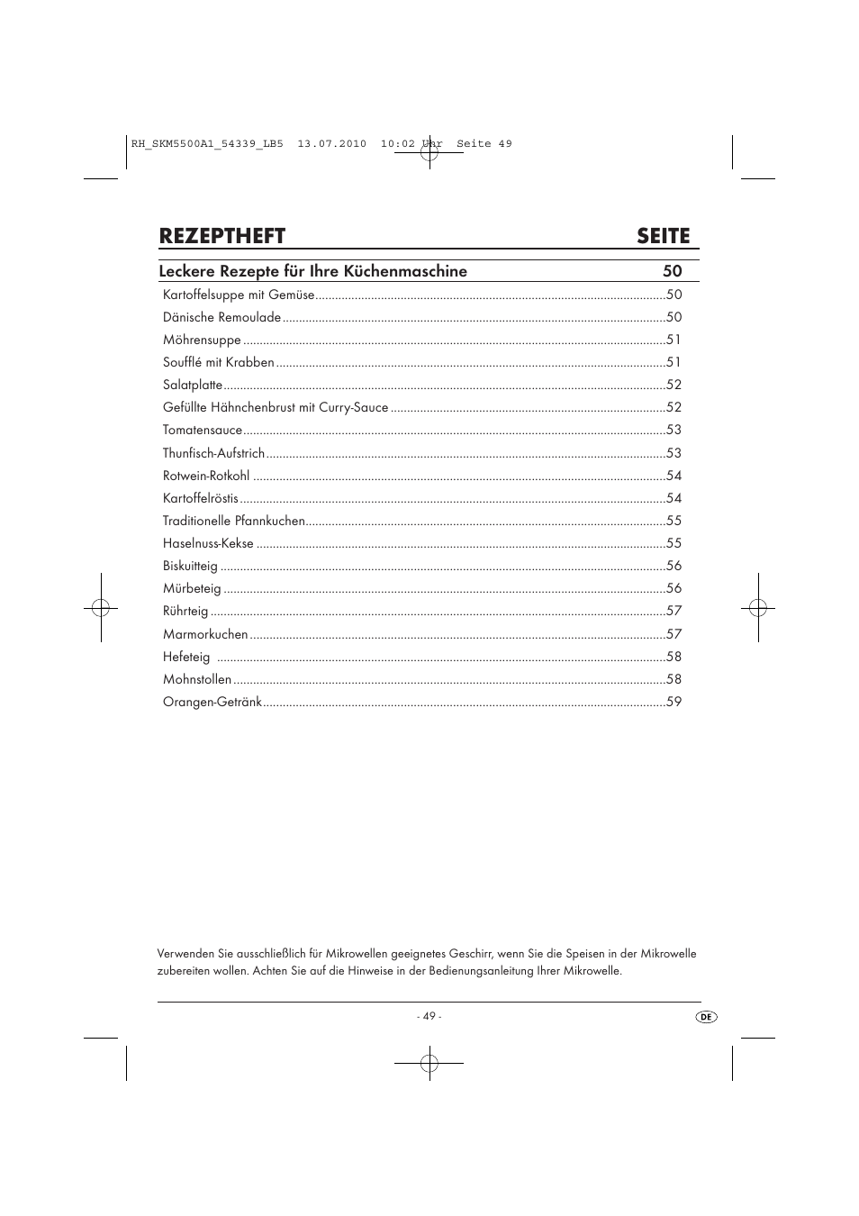 Rezeptheft seite, Leckere rezepte für ihre küchenmaschine 50 | Silvercrest SKM 550 A1 User Manual | Page 50 / 60