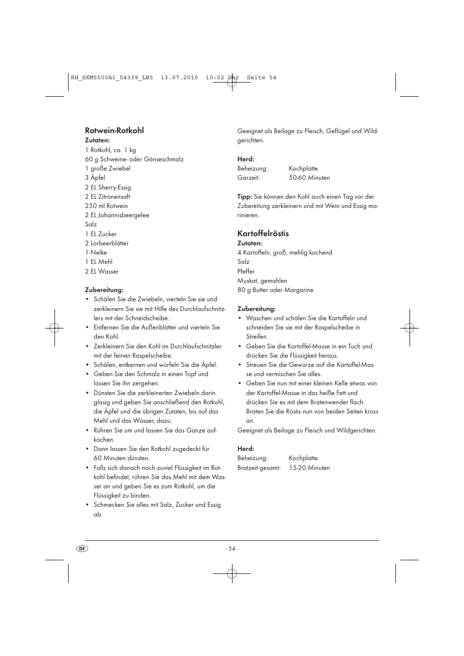 Rotwein-rotkohl, Kartoffelröstis | Silvercrest SKM 550 A1 User Manual | Page 55 / 60