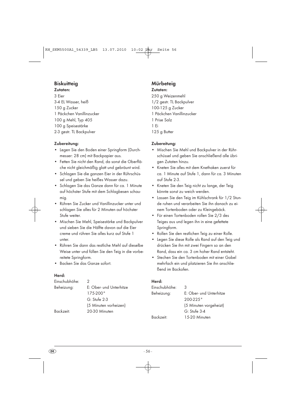 Biskuitteig, Mürbeteig | Silvercrest SKM 550 A1 User Manual | Page 57 / 60
