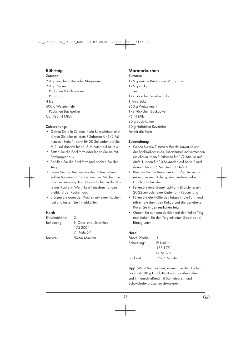 Rührteig, Marmorkuchen | Silvercrest SKM 550 A1 User Manual | Page 58 / 60