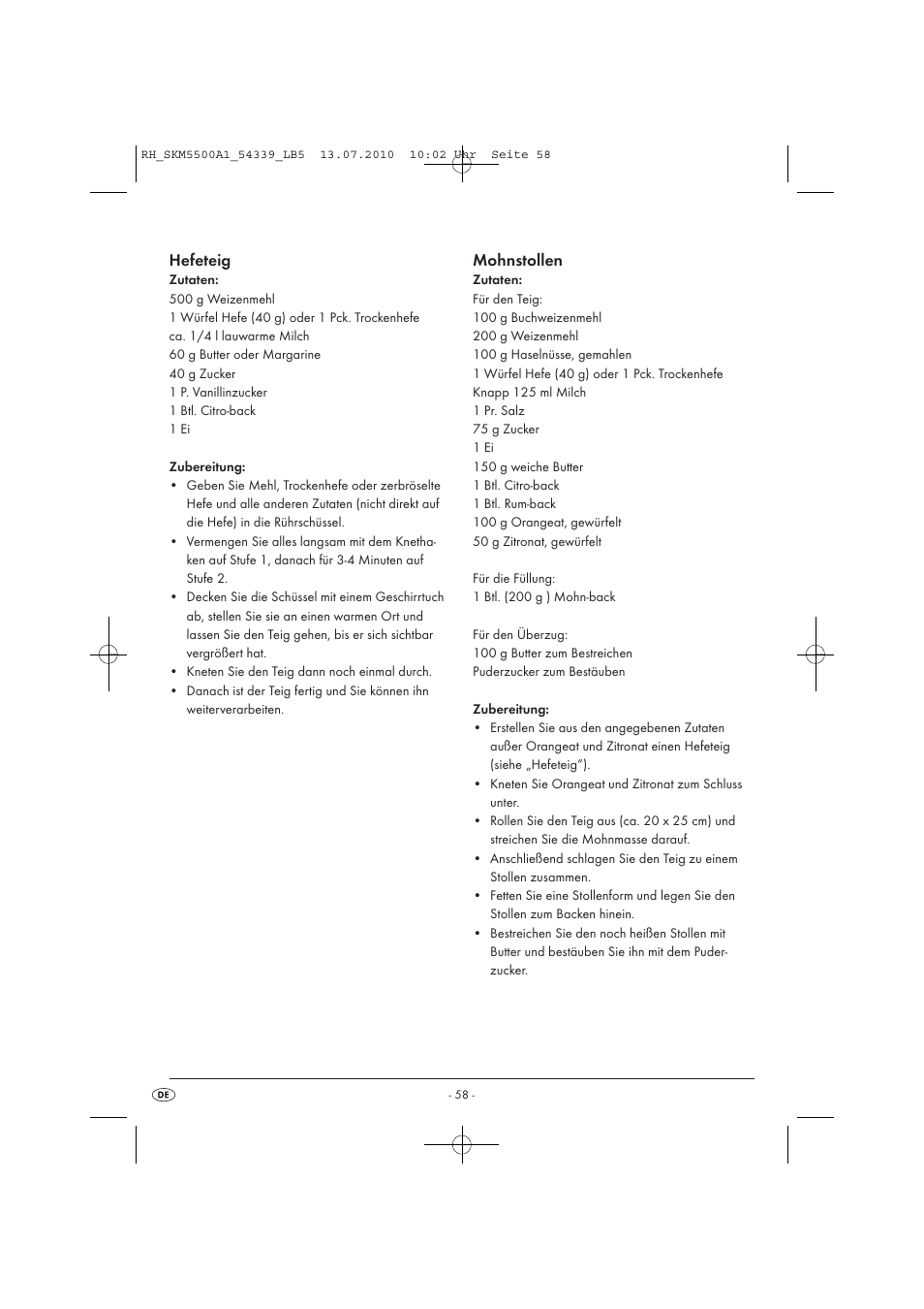 Hefeteig, Mohnstollen | Silvercrest SKM 550 A1 User Manual | Page 59 / 60