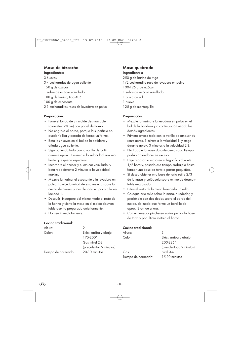 Masa de bizcocho, Masa quebrada | Silvercrest SKM 550 A1 User Manual | Page 9 / 60