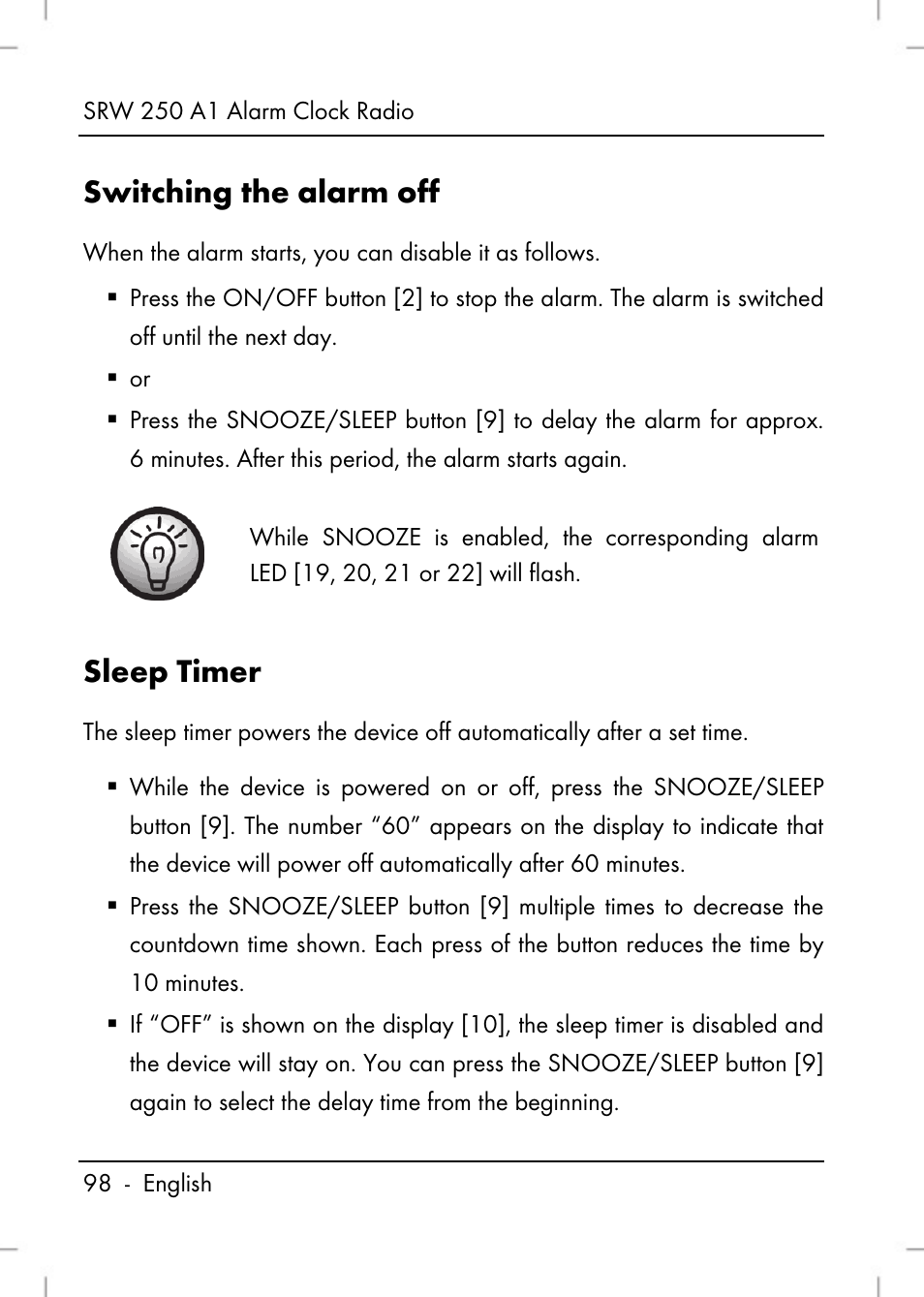 Switching the alarm off, Sleep timer | Silvercrest SRW 250 A1 User Manual | Page 100 / 108