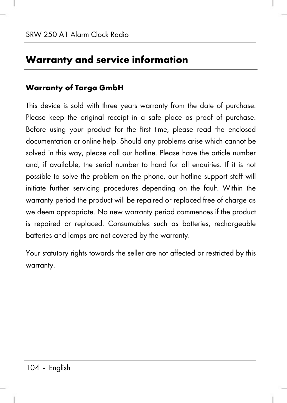 Warranty and service information | Silvercrest SRW 250 A1 User Manual | Page 106 / 108
