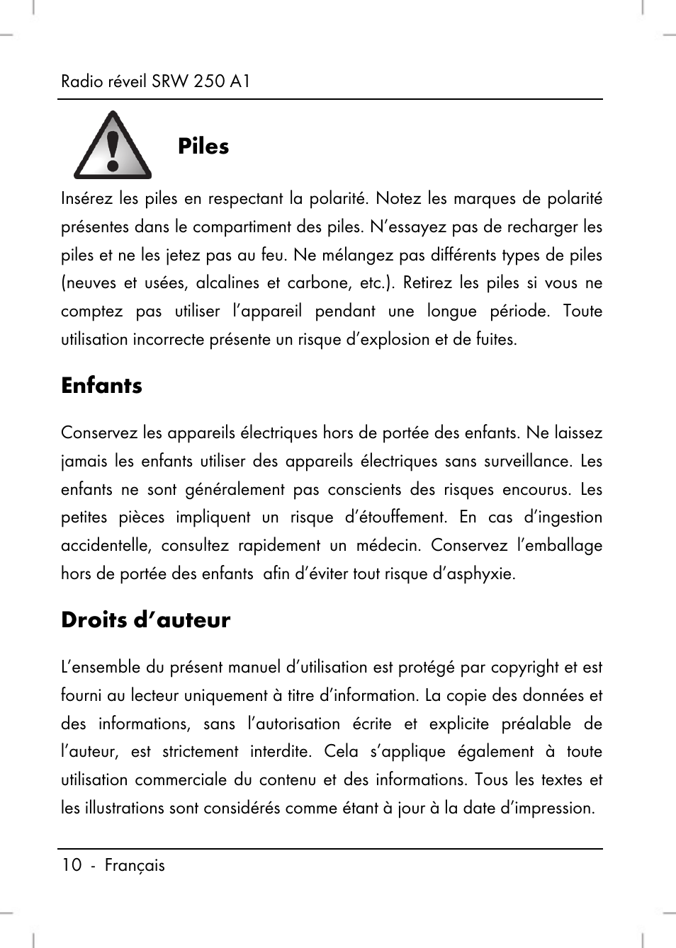 Piles, Enfants, Droits d’auteur | Silvercrest SRW 250 A1 User Manual | Page 12 / 108