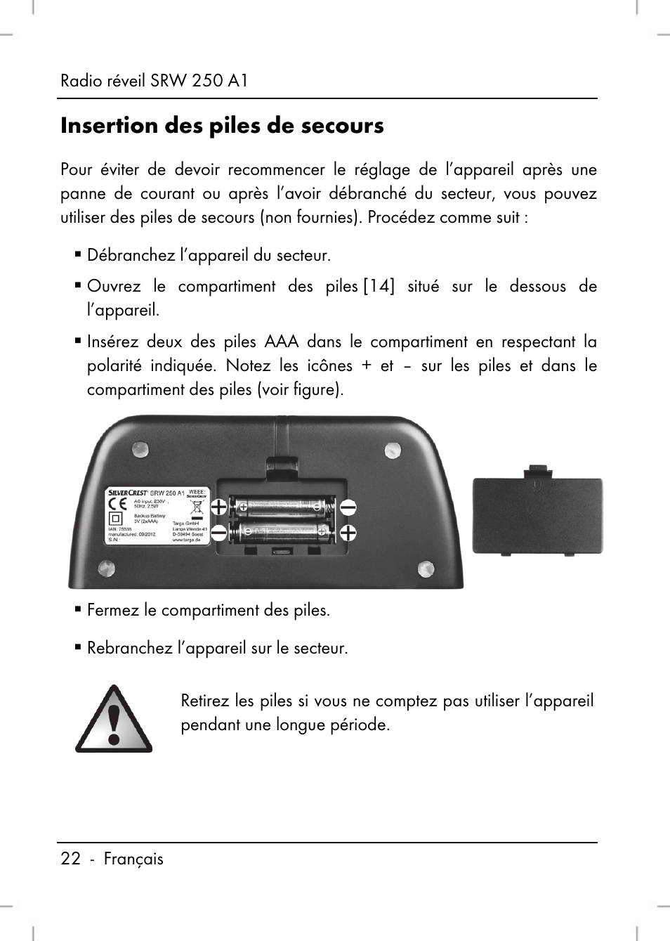 Insertion des piles de secours | Silvercrest SRW 250 A1 User Manual | Page 24 / 108