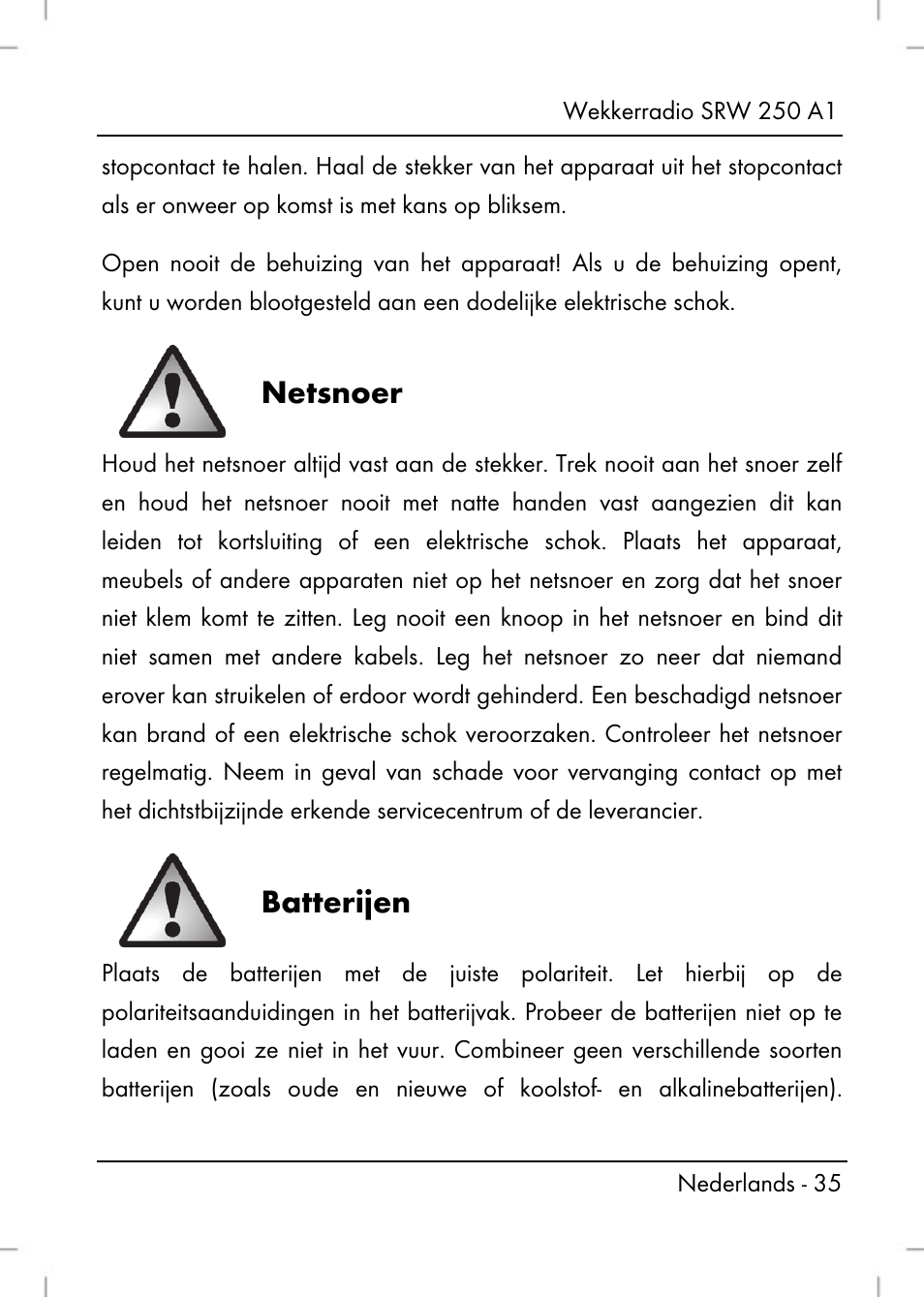 Netsnoer, Batterijen | Silvercrest SRW 250 A1 User Manual | Page 37 / 108