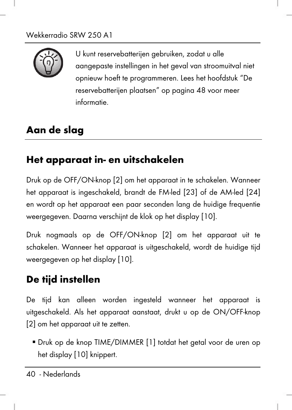 Aan de slag het apparaat in- en uitschakelen, De tijd instellen | Silvercrest SRW 250 A1 User Manual | Page 42 / 108