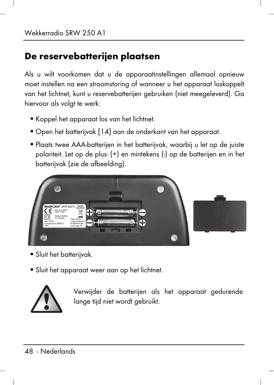 De reservebatterijen plaatsen | Silvercrest SRW 250 A1 User Manual | Page 50 / 108