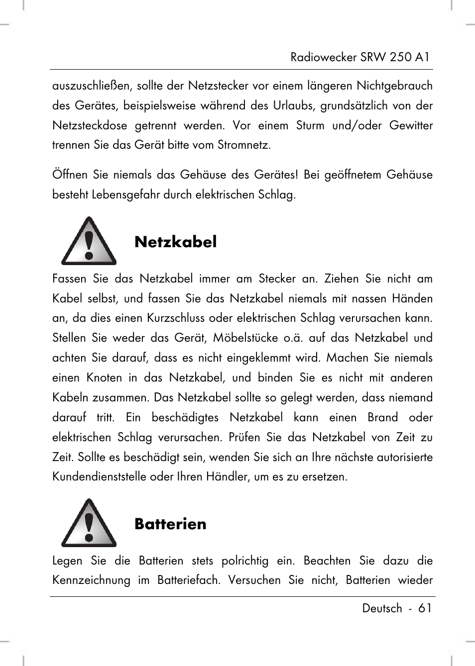 Netzkabel, Batterien | Silvercrest SRW 250 A1 User Manual | Page 63 / 108