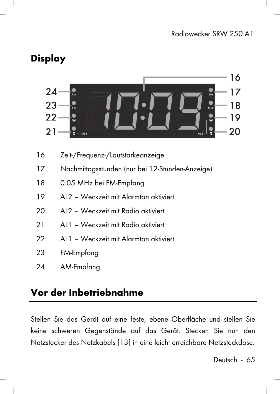 Display, Vor der inbetriebnahme | Silvercrest SRW 250 A1 User Manual | Page 67 / 108