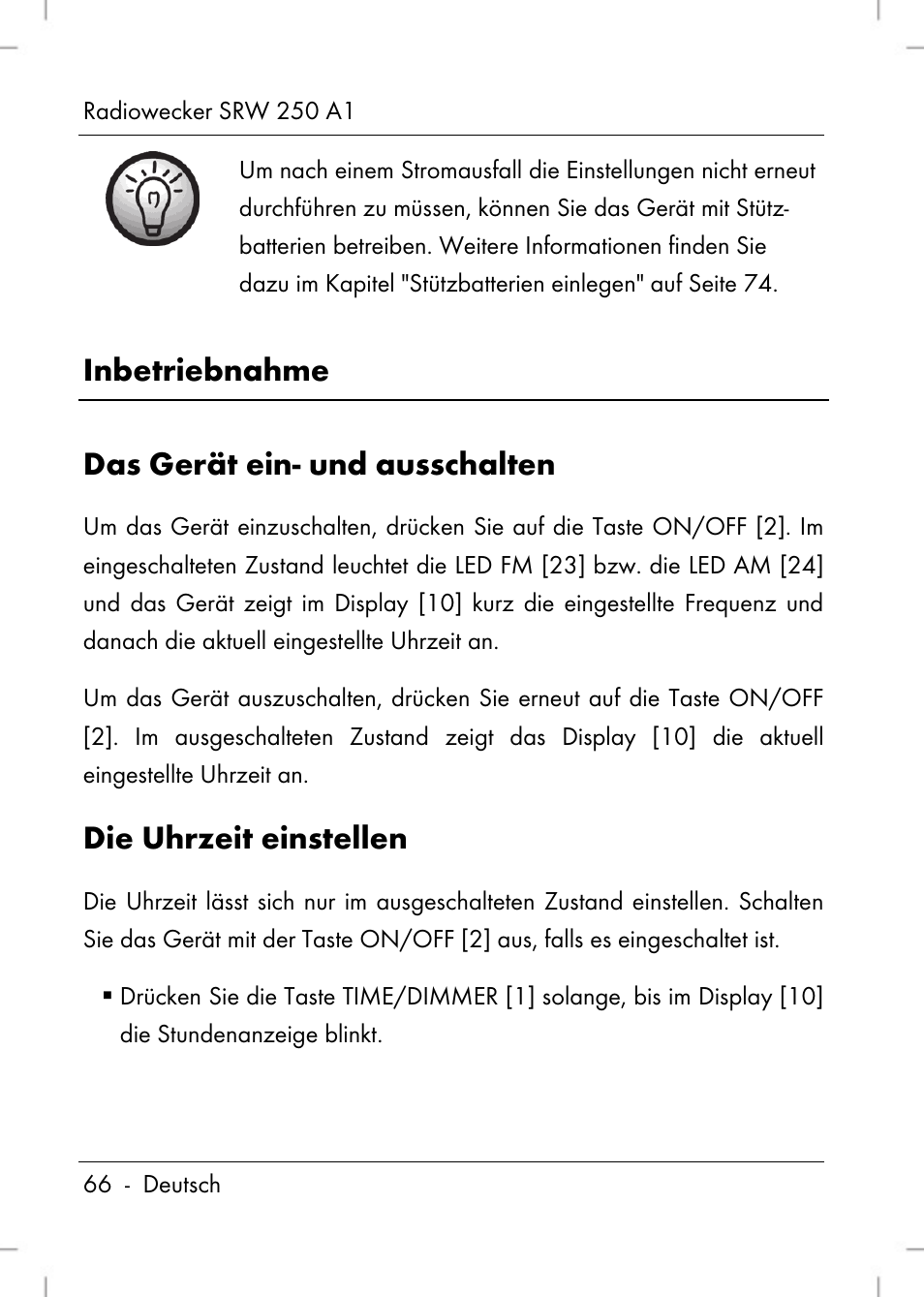 Inbetriebnahme das gerät ein- und ausschalten, Die uhrzeit einstellen | Silvercrest SRW 250 A1 User Manual | Page 68 / 108
