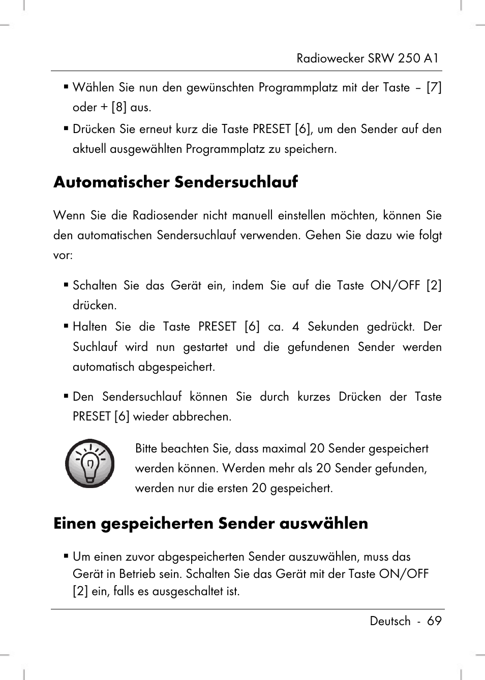 Automatischer sendersuchlauf, Einen gespeicherten sender auswählen | Silvercrest SRW 250 A1 User Manual | Page 71 / 108