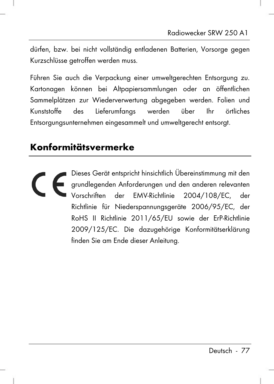 Konformitätsvermerke | Silvercrest SRW 250 A1 User Manual | Page 79 / 108